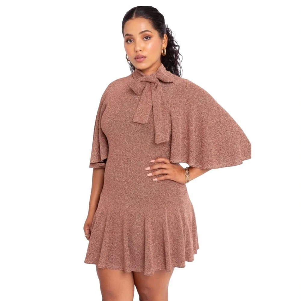 Black Halo Coralia Mini Dress Metallic Bow Neck Flounce Hem Copper Zest 12 NW - Picture 4 of 13
